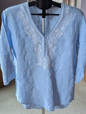 Light Blue Embroidered V-Neck Tunic Top - Women Saks Fifth Avenue - LINEN